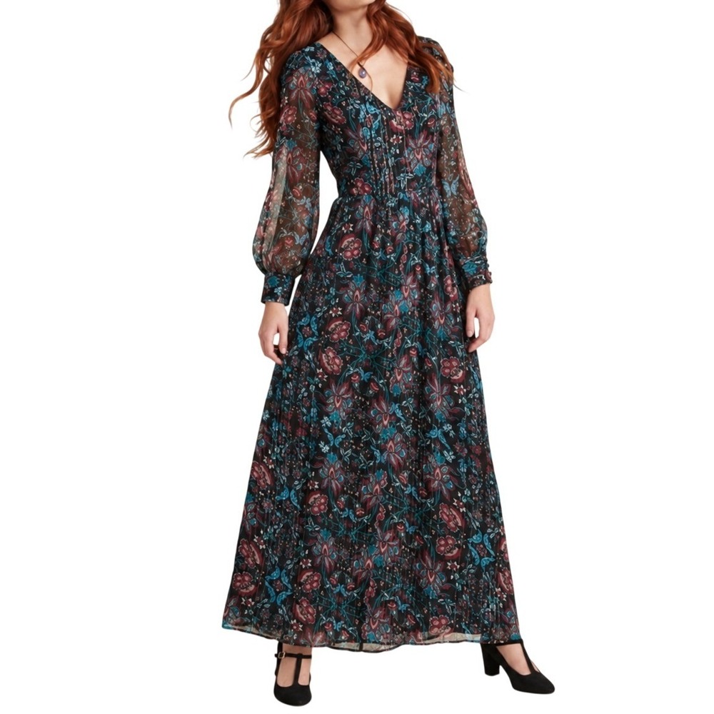 ModCloth Loop Twirl & Arch Dark Floral Metallic Split Sleeve Maxi Dress Medium